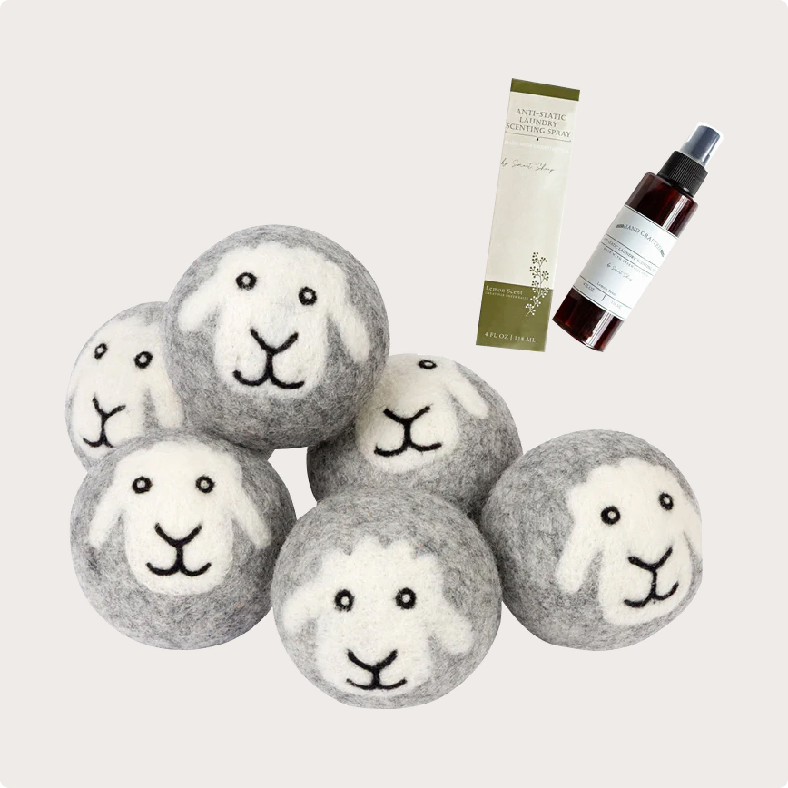 6 Smiling Sheep Wool Dryer Balls Plus Anti-Static Essential Oil Spray
